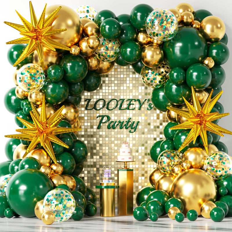 LOOLEY 137Pcs Green and Gold Balloons Garland Arch Kit with Stars - 5 10 12 18 inch Dark Green Gold Confetti Latex Balloons for Birthday Baby Shower Emerald Green Jungle Party Decorations - Image 1