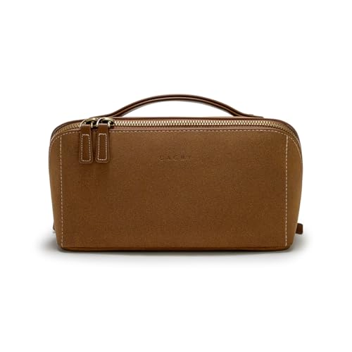 EACHY Travel Makeup Bag, Faux Suede Cosmetic Bags for Women,Large Capacity Portable Pouch Open Flat Toiletry Bag Make up Organizer with Divider and Handle - Image 1