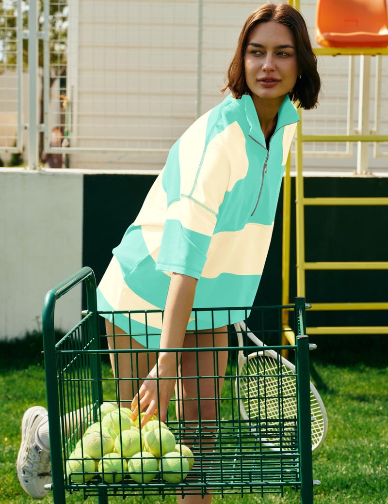 Panadila Women Striped Workout Set Two Piece Outfit Tracksuit Oversized Lounge Set Top and Shorts Sets with Pockets(Cyan Beige Combo,S) - Image 5