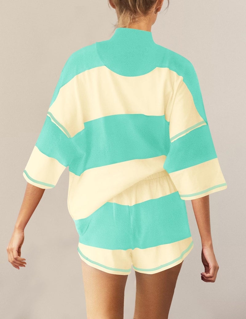 Panadila Women Striped Workout Set Two Piece Outfit Tracksuit Oversized Lounge Set Top and Shorts Sets with Pockets(Cyan Beige Combo,S) - Image 3