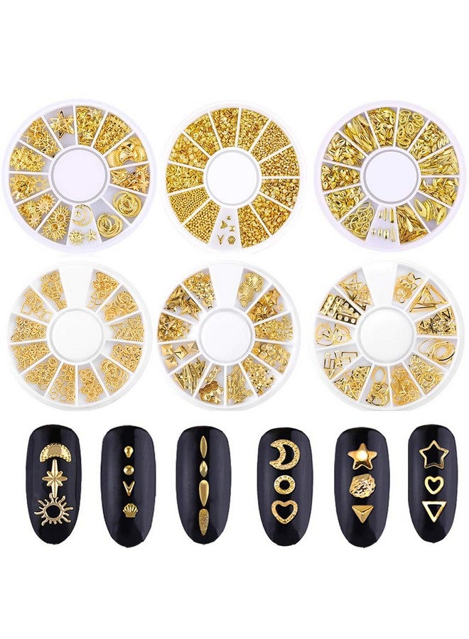 Beuniar Nail Micro Beads Studs 3D Nails Supply Gold Art Decorations Charms Metal 6 Boxes Star Moon Heart Triangle Square Rivet For Fingernails & Toenails Decor - Image 1