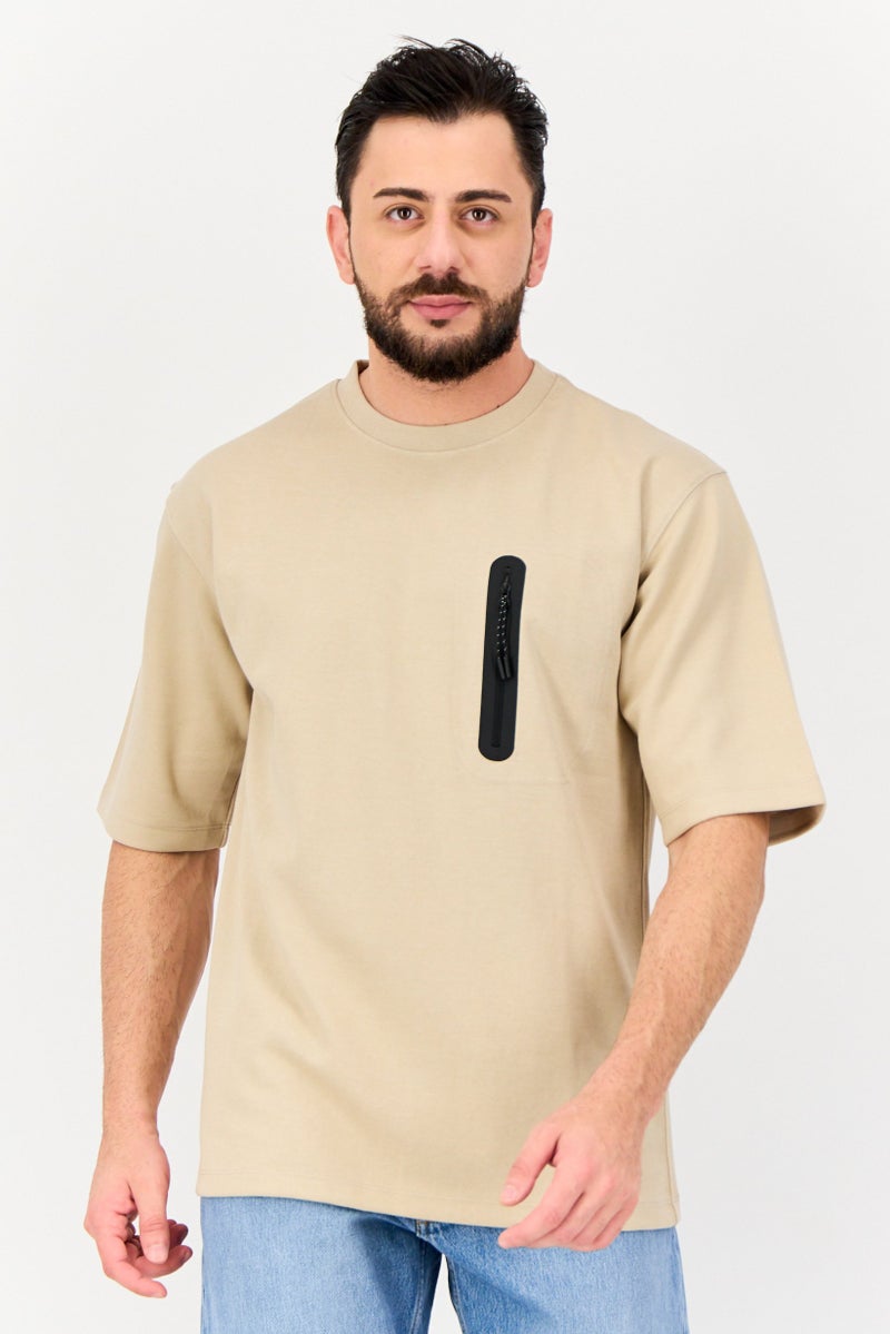 Celio Men Crew Neck Short Sleeve Plain T-Shirt, Light Taupe - Image 1