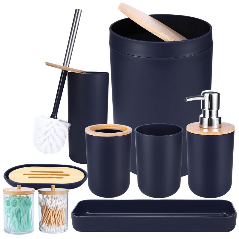 iMucci Bathroom Accessories Set Navy Blue Bathroom Decor Sets with Trash CanToilet BrushToothbrush Holder Lotion Soap Dispenser Soap DishToothbrush CupVanity TrayQtip Holder
