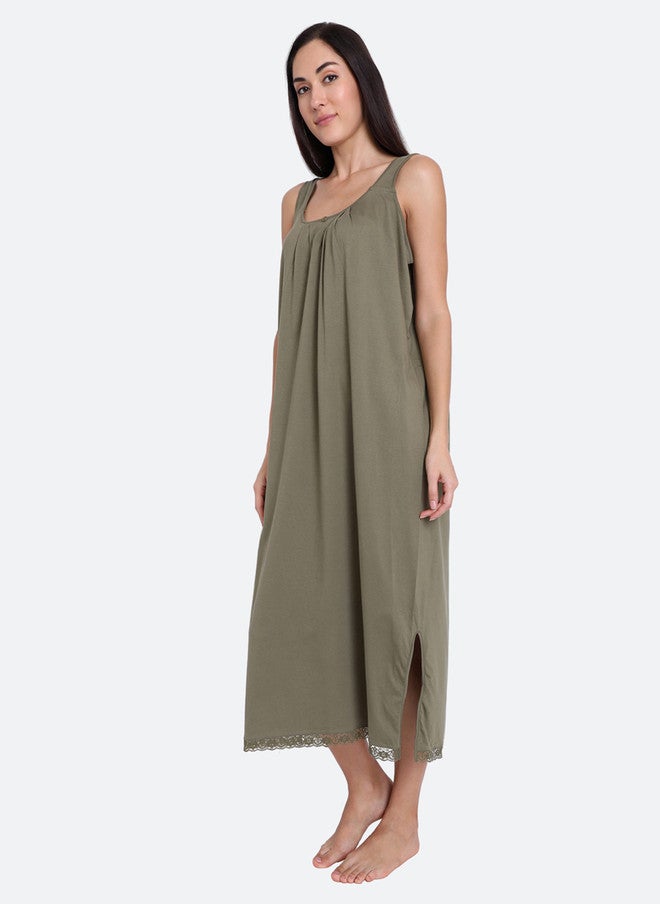 Red Rose RedRose Cotton Green Longline Slip Dress with Side Slits - Image 3