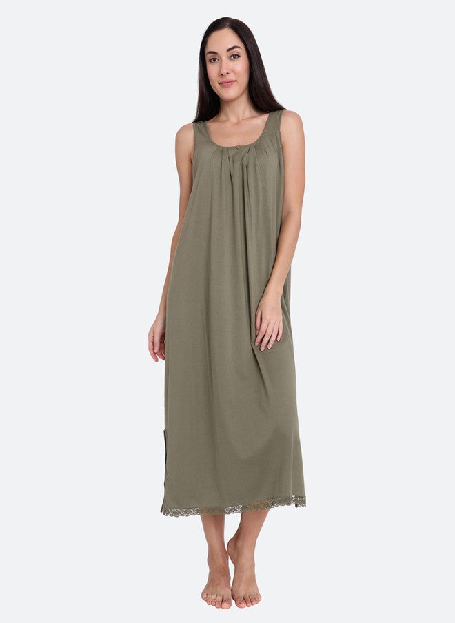 Red Rose RedRose Cotton Green Longline Slip Dress with Side Slits - Image 1
