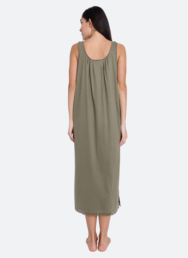 Red Rose RedRose Cotton Green Longline Slip Dress with Side Slits - Image 4