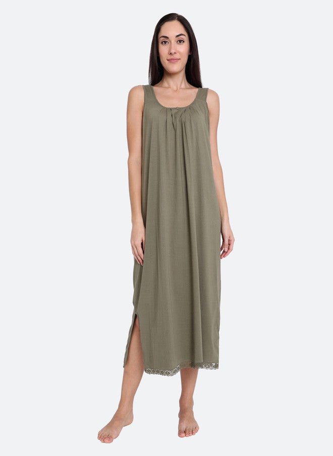 Red Rose RedRose Cotton Green Longline Slip Dress with Side Slits - Image 5