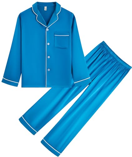 OEIU Kid Silky Satin Pajamas Set for Girls Boys pj Set Sleepwear Button-up Lounge Sets Nightwear Peacock Blue 160 - Image 1