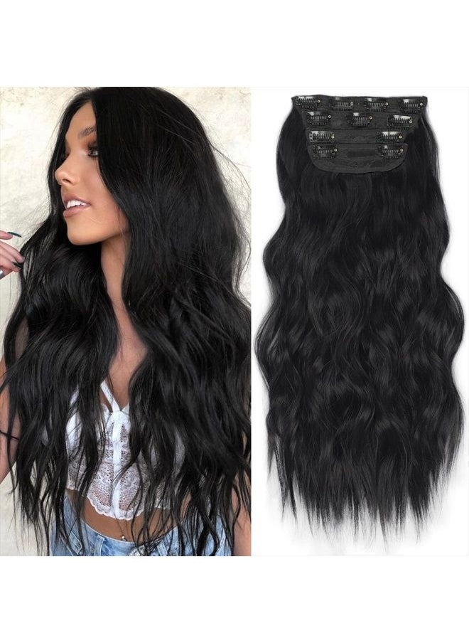 KooKaStyle Clip in Synthetic Hair Extensions Long Wavy 4PCS Thick Hairpieces Black Fiber Double Weft Natural Hair Extensions 20 Inch for Women  - Image 1