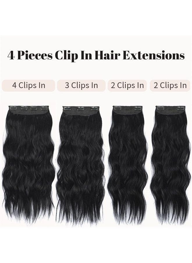 KooKaStyle Clip in Synthetic Hair Extensions Long Wavy 4PCS Thick Hairpieces Black Fiber Double Weft Natural Hair Extensions 20 Inch for Women  - Image 3