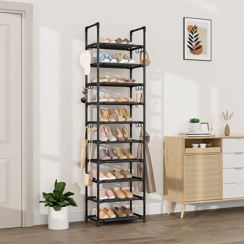 VTRIN 10 Tiers Tall Shoe Rack Holds 20-25 Pairs of Shoes Sturdy Vertical Shoe Organizer with 18pcs Hooks Stackable Narrow Shoe Rack for Closet, Entryway Black - Image 2