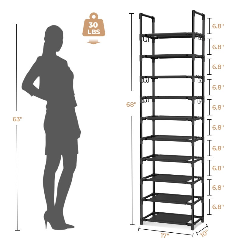 VTRIN 10 Tiers Tall Shoe Rack Holds 20-25 Pairs of Shoes Sturdy Vertical Shoe Organizer with 18pcs Hooks Stackable Narrow Shoe Rack for Closet, Entryway Black - Image 3
