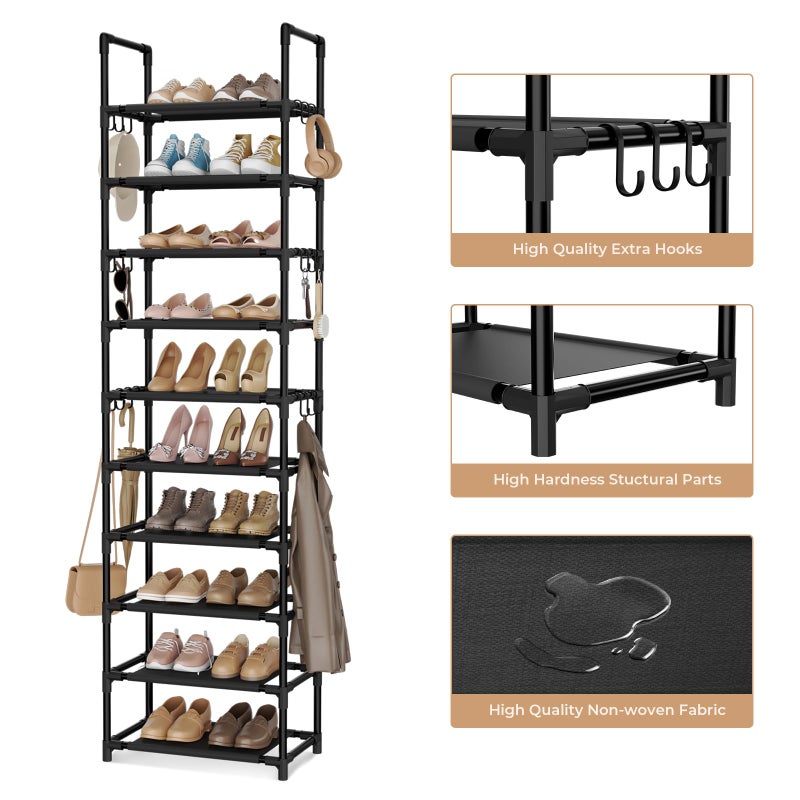 VTRIN 10 Tiers Tall Shoe Rack Holds 20-25 Pairs of Shoes Sturdy Vertical Shoe Organizer with 18pcs Hooks Stackable Narrow Shoe Rack for Closet, Entryway Black - Image 4