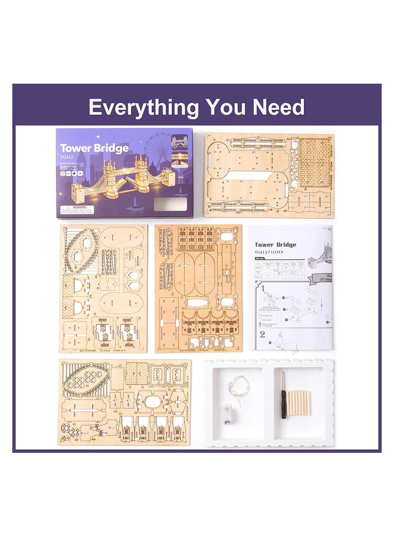 3D Puzzles for Adults, Wooden Tower Bridge Craft Kit with LED, for Teens - Image 4