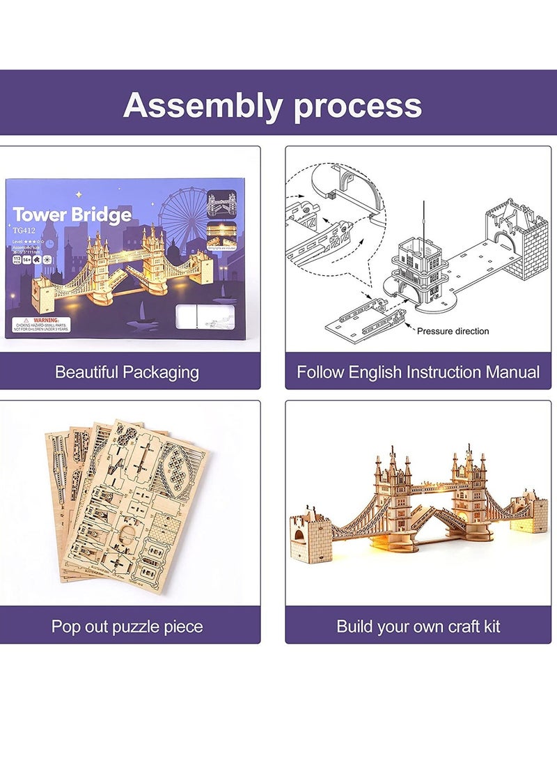 3D Puzzles for Adults, Wooden Tower Bridge Craft Kit with LED, for Teens - Image 5