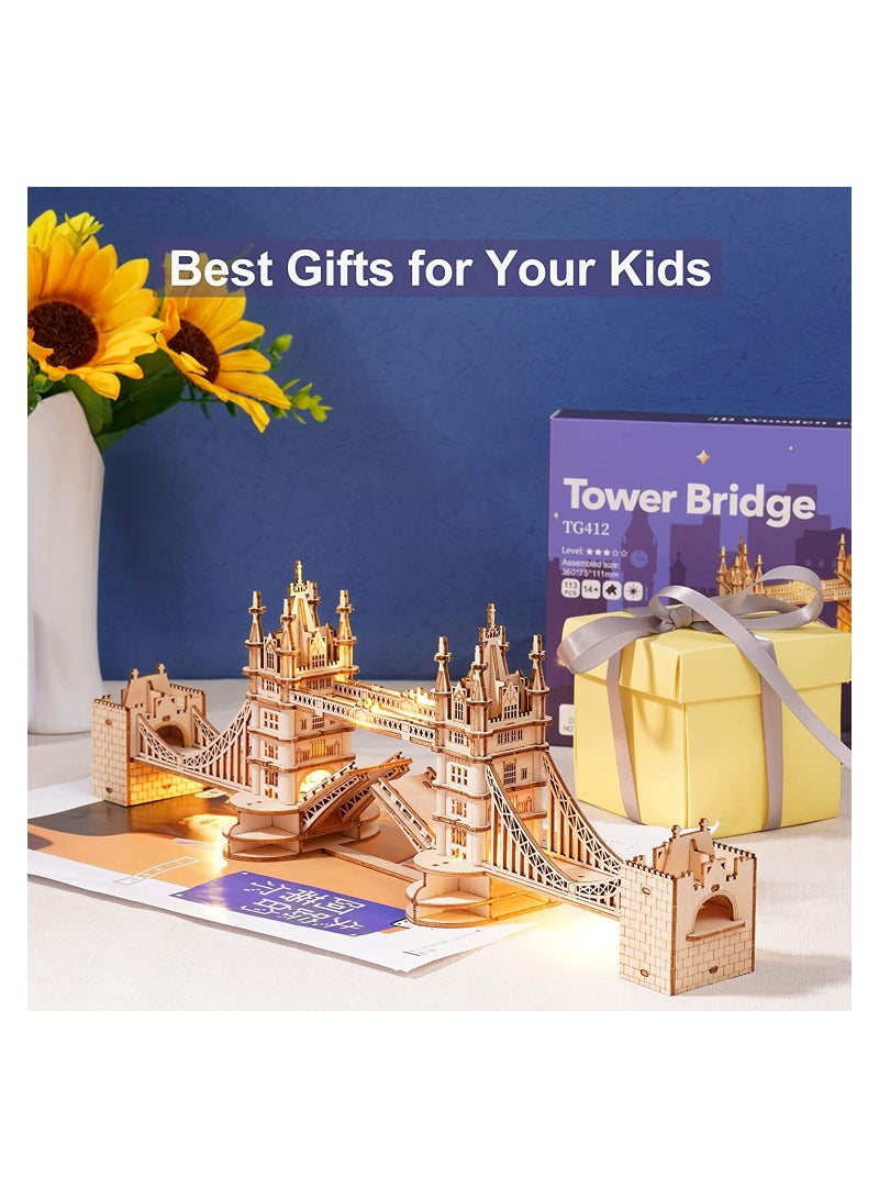 3D Puzzles for Adults, Wooden Tower Bridge Craft Kit with LED, for Teens - Image 2