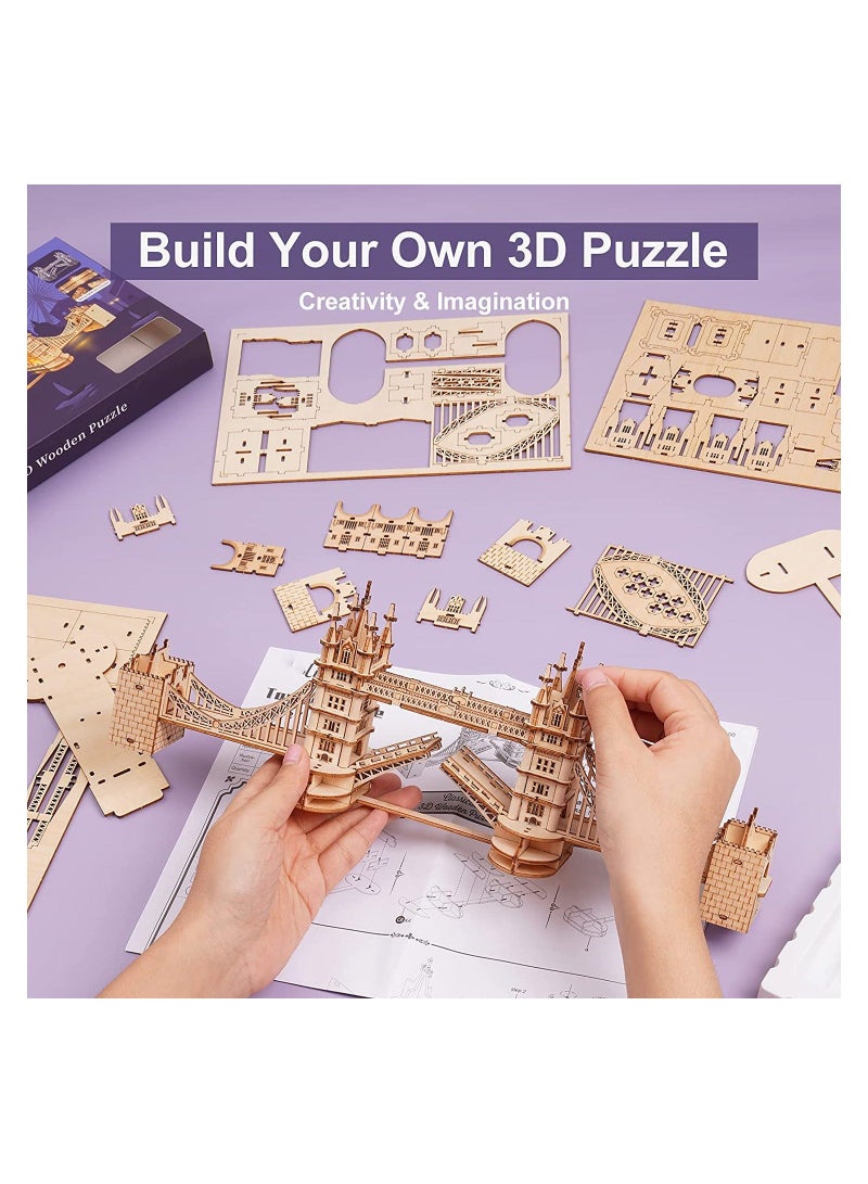 3D Puzzles for Adults, Wooden Tower Bridge Craft Kit with LED, for Teens - Image 3