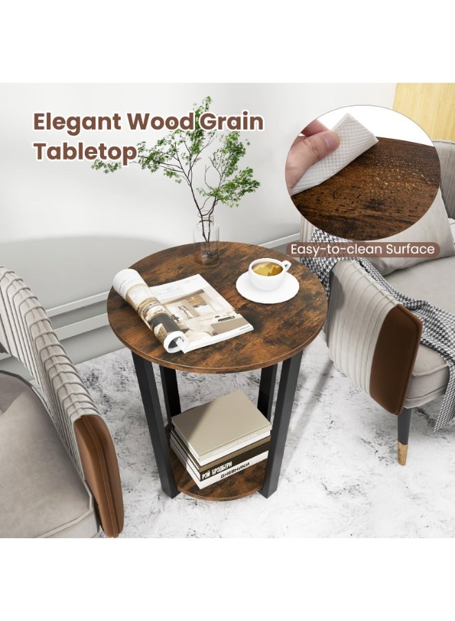 والالا طاولة جانبية مستديرة، طاولة جانبية للأريكة من مستويين مع رف تخزين، طاولة جانبية صغيرة بإطار معدني، طاولة قهوة صناعية مميزة، طاولة عرض لغرفة النوم، غرفة المعيشة، لون بني ريفي - Image 4