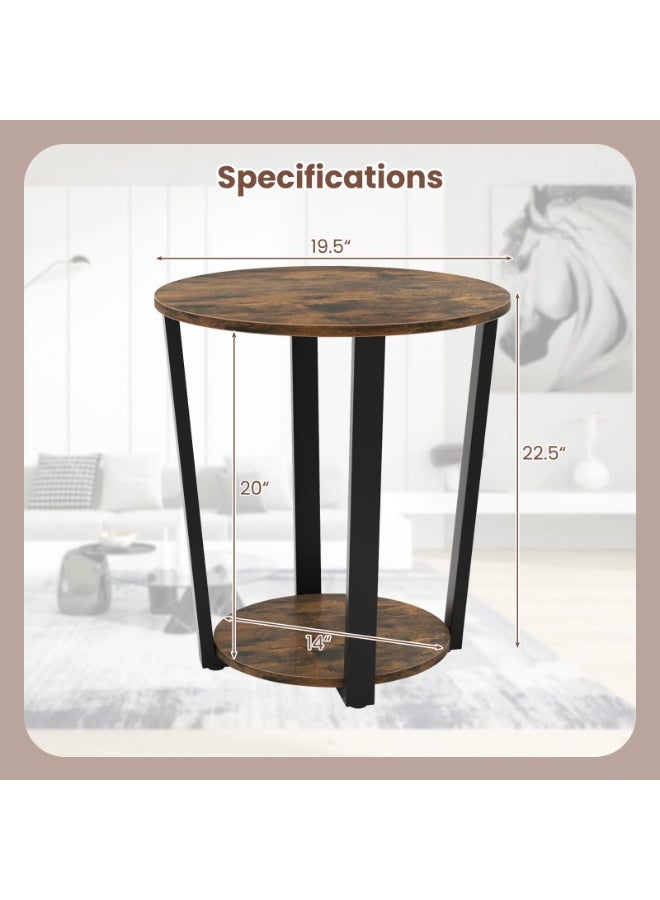 والالا طاولة جانبية مستديرة، طاولة جانبية للأريكة من مستويين مع رف تخزين، طاولة جانبية صغيرة بإطار معدني، طاولة قهوة صناعية مميزة، طاولة عرض لغرفة النوم، غرفة المعيشة، لون بني ريفي - Image 3