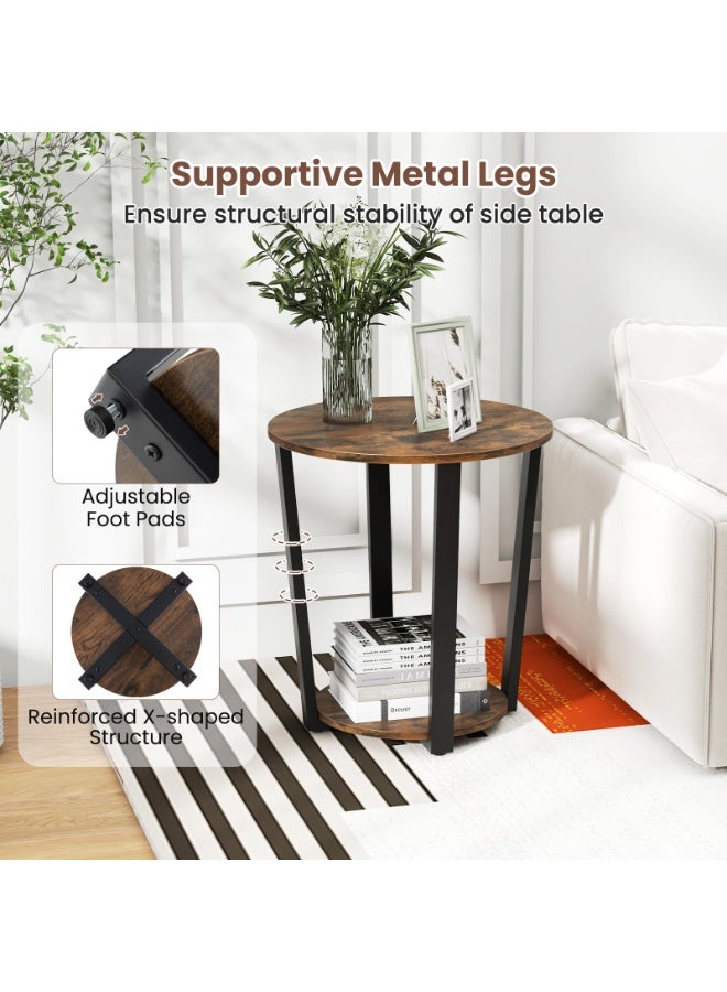 والالا طاولة جانبية مستديرة، طاولة جانبية للأريكة من مستويين مع رف تخزين، طاولة جانبية صغيرة بإطار معدني، طاولة قهوة صناعية مميزة، طاولة عرض لغرفة النوم، غرفة المعيشة، لون بني ريفي - Image 5