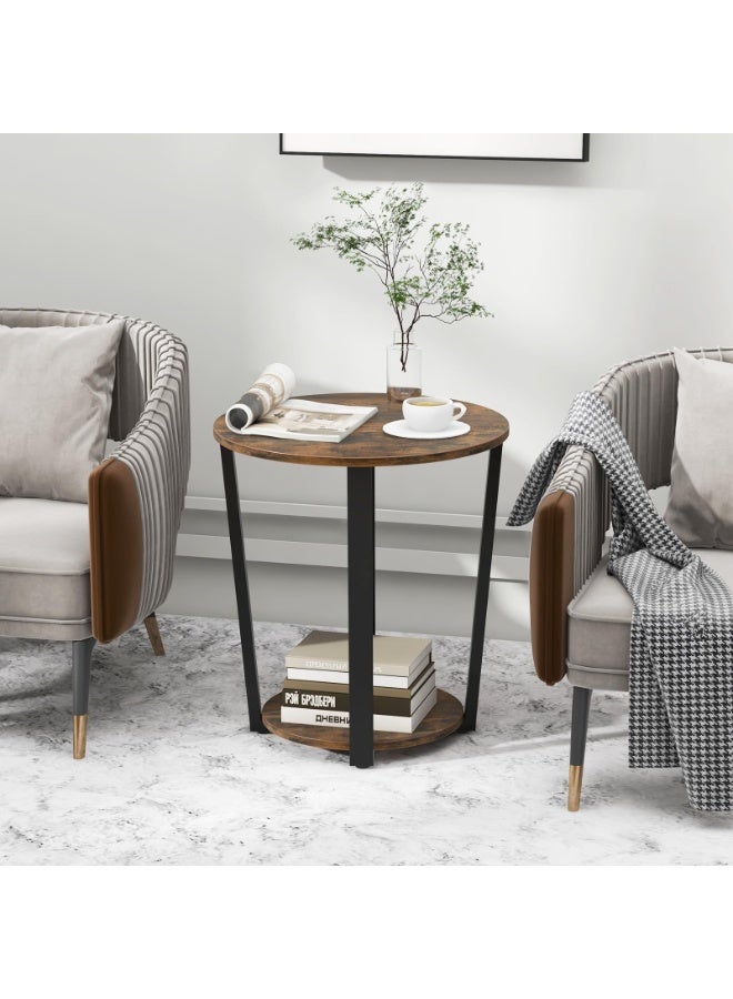 والالا طاولة جانبية مستديرة، طاولة جانبية للأريكة من مستويين مع رف تخزين، طاولة جانبية صغيرة بإطار معدني، طاولة قهوة صناعية مميزة، طاولة عرض لغرفة النوم، غرفة المعيشة، لون بني ريفي - Image 2