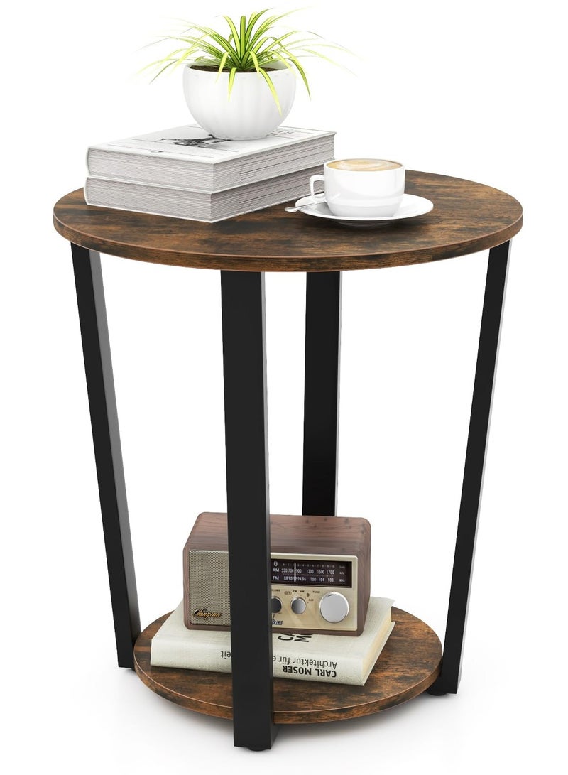 والالا طاولة جانبية مستديرة، طاولة جانبية للأريكة من مستويين مع رف تخزين، طاولة جانبية صغيرة بإطار معدني، طاولة قهوة صناعية مميزة، طاولة عرض لغرفة النوم، غرفة المعيشة، لون بني ريفي - Image 1