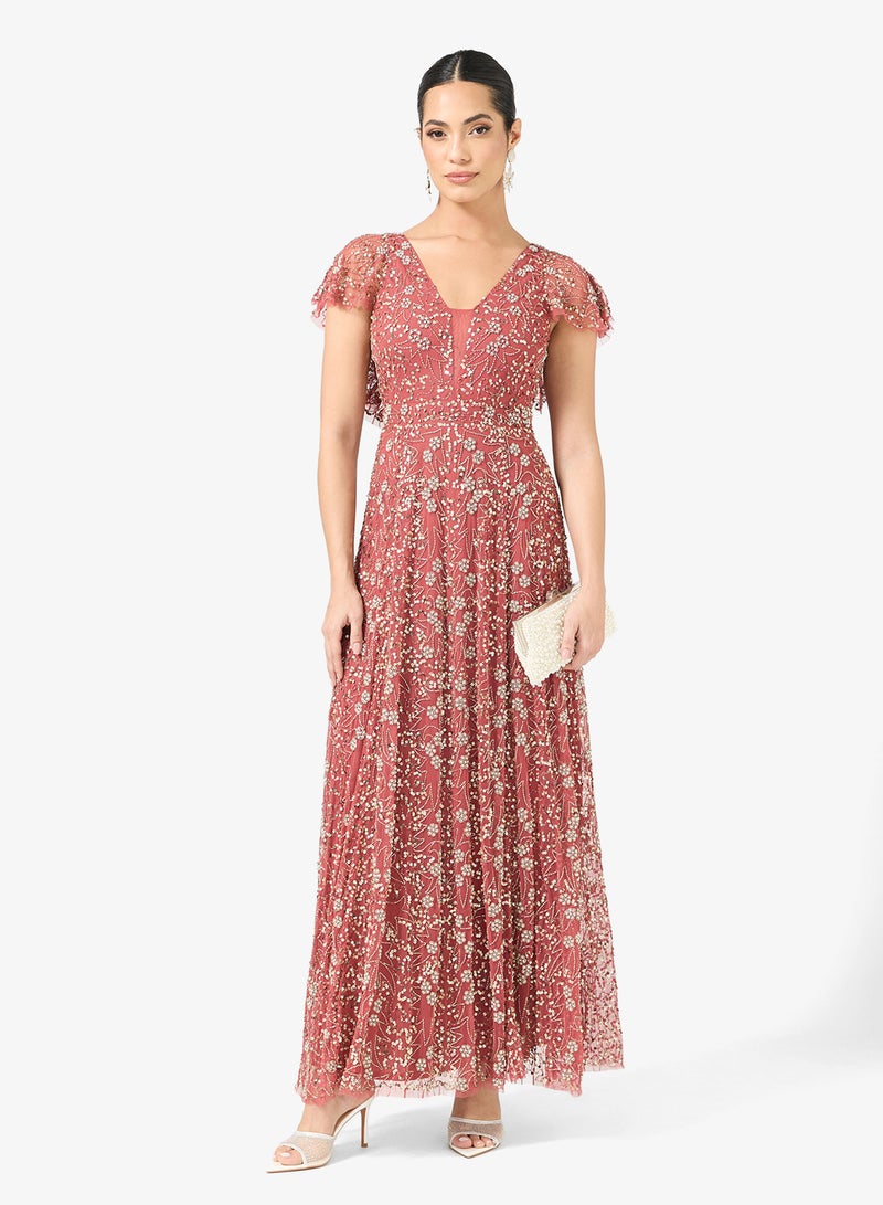 بيوت فستان ماكسي مزين بالترتر بياقة على شكل حرف - Image 4