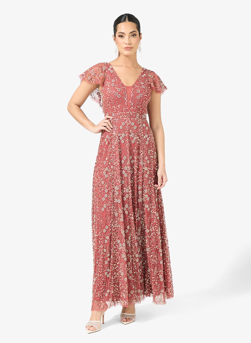 بيوت فستان ماكسي مزين بالترتر بياقة على شكل حرف - Image 1