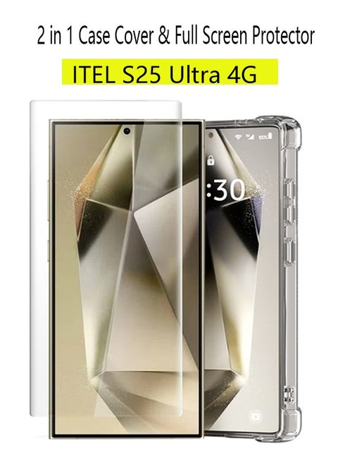 2 in 1 ITEL S25 Ultra 4G Phone Case Cover & Screen Protector - Shockproof Clear Slim TPU Protective Phone Cover & Full Coverage Delicate Touch Tempered Glass Screen Protector for ITEL S25 Ultra 4G