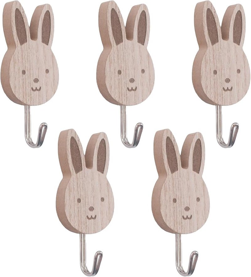 خطافات حائط خشبية على شكل أرنب ذاتية اللصق 5 قطع لغرفة النوم والمطبخ والحضانة - Image 1