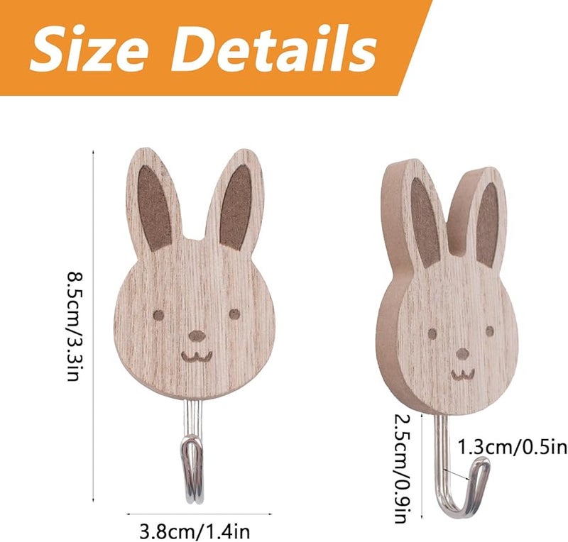 خطافات حائط خشبية على شكل أرنب ذاتية اللصق 5 قطع لغرفة النوم والمطبخ والحضانة - Image 3