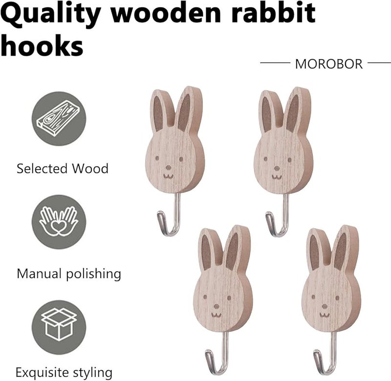 خطافات حائط خشبية على شكل أرنب ذاتية اللصق 5 قطع لغرفة النوم والمطبخ والحضانة - Image 4