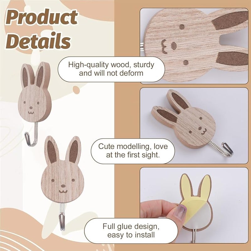 خطافات حائط خشبية على شكل أرنب ذاتية اللصق 5 قطع لغرفة النوم والمطبخ والحضانة - Image 5