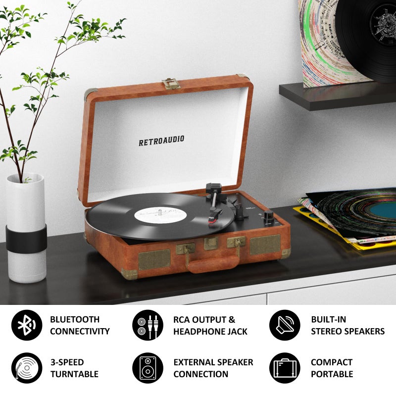 RetroAudio Vinyl Record Player 3-Speed Bluetooth Portable Suitcase Records Player with 2 Built-in Stereo Speakers, Belt-Driven Turntable for Vinyl Records, Support RCA Line Out, AUX Out (Brown) - Image 3