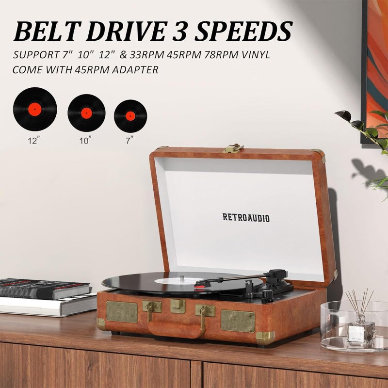 RetroAudio Vinyl Record Player 3-Speed Bluetooth Portable Suitcase Records Player with 2 Built-in Stereo Speakers, Belt-Driven Turntable for Vinyl Records, Support RCA Line Out, AUX Out (Brown) - Image 4