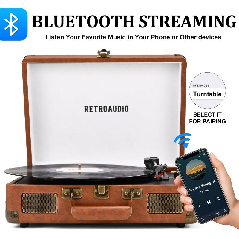 RetroAudio Vinyl Record Player 3-Speed Bluetooth Portable Suitcase Records Player with 2 Built-in Stereo Speakers, Belt-Driven Turntable for Vinyl Records, Support RCA Line Out, AUX Out (Brown) - Image 2