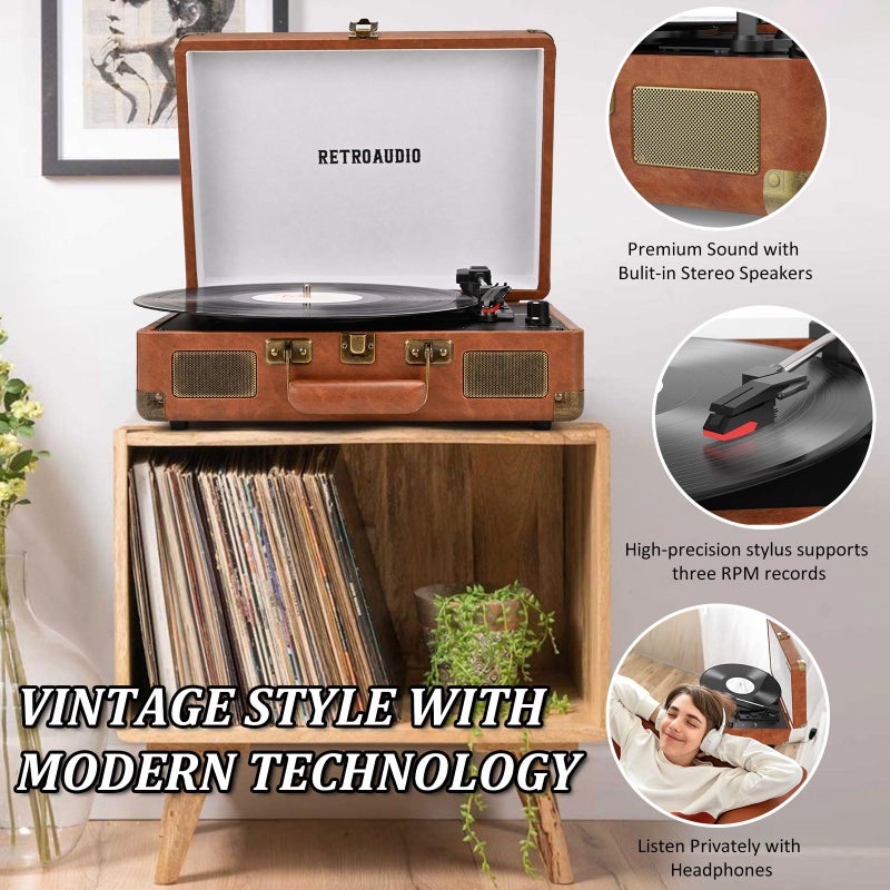 RetroAudio Vinyl Record Player 3-Speed Bluetooth Portable Suitcase Records Player with 2 Built-in Stereo Speakers, Belt-Driven Turntable for Vinyl Records, Support RCA Line Out, AUX Out (Brown) - Image 5