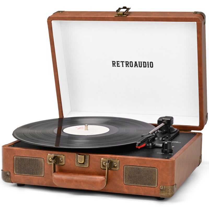 RetroAudio Vinyl Record Player 3-Speed Bluetooth Portable Suitcase Records Player with 2 Built-in Stereo Speakers, Belt-Driven Turntable for Vinyl Records, Support RCA Line Out, AUX Out (Brown) - Image 1