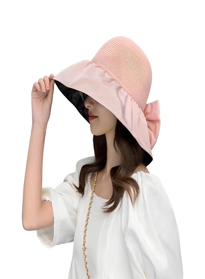 LassZone Women Sun Hat Foldable Wide Brim Bucket Hat Crochet Packable Summer Beach UPF 50+ Protection with Strap Bow Decoration Outdoor Fishing Vacation Pink - Image 1