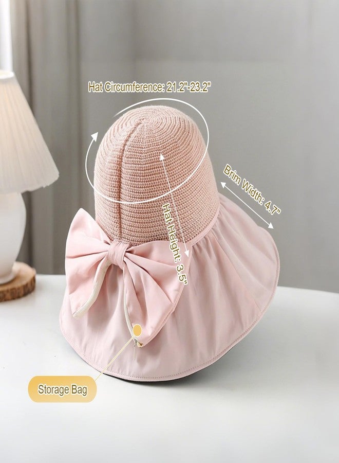 LassZone Women Sun Hat Foldable Wide Brim Bucket Hat Crochet Packable Summer Beach UPF 50+ Protection with Strap Bow Decoration Outdoor Fishing Vacation Pink - Image 2