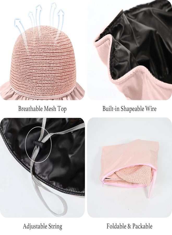 LassZone Women Sun Hat Foldable Wide Brim Bucket Hat Crochet Packable Summer Beach UPF 50+ Protection with Strap Bow Decoration Outdoor Fishing Vacation Pink - Image 5