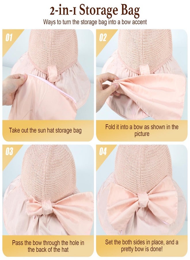 LassZone Women Sun Hat Foldable Wide Brim Bucket Hat Crochet Packable Summer Beach UPF 50+ Protection with Strap Bow Decoration Outdoor Fishing Vacation Pink - Image 4