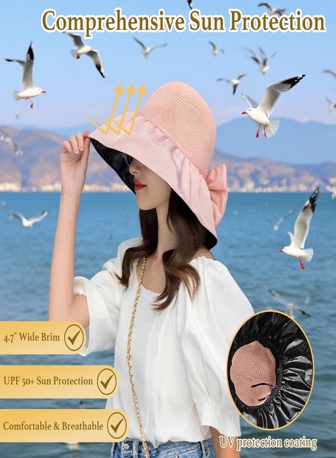 LassZone Women Sun Hat Foldable Wide Brim Bucket Hat Crochet Packable Summer Beach UPF 50+ Protection with Strap Bow Decoration Outdoor Fishing Vacation Pink - Image 3