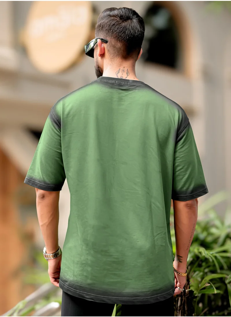 مانياك Maniac Mens Tie & Dye Round Neck 3/4th Sleeve Green Cotton T-Shirt