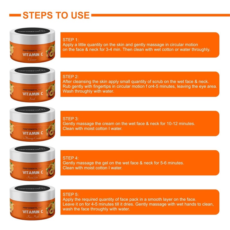 Professional Feel Vitamin C Facial kit 250 GM For All Skin Types 5 Easy Steps For Brighter and Even Toned Skin For Men Women Pack of 5 - Image 2