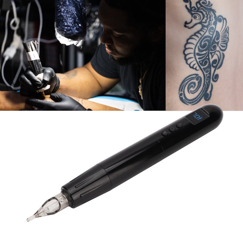 Wireless Tattoo Pen 2 In 1 Rechargeable Battery LED Display Liner Shader Tattoo Machine with RCA Clip Cord Black - Image 1