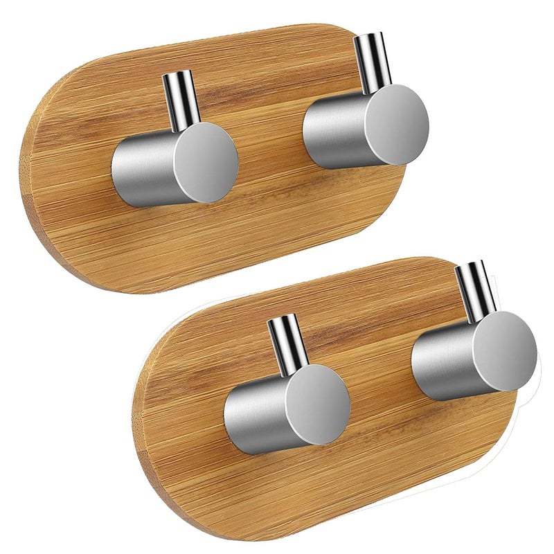 ARQIVO Stainless Steel Hooks Bamboo Towel Hooks Waterproof Adhesive Hooks Wood Self Adhesive Hooks Holder with Wood for Bathroom Toilet Kitchen Bedroom Double Hook Pack of 2 - Image 1