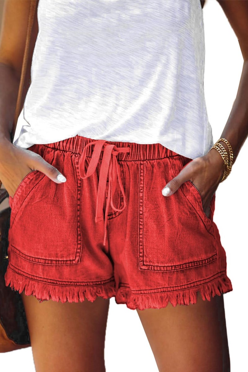YOCUR Cute Jeans for Womens Trendy Tassel Short Jeans Casual Vintage Hot Pants Loose Aesthetic Elastic Waist Kawaii Denim Shorts Red M - Image 1