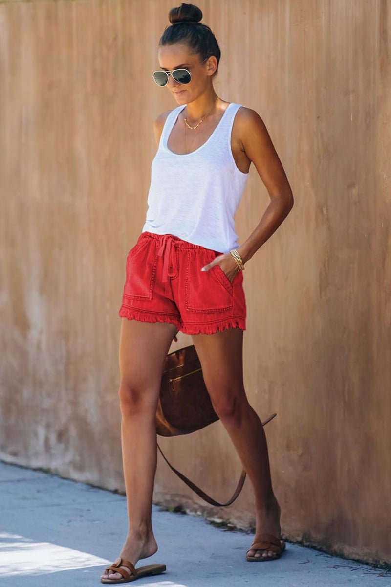 YOCUR Cute Jeans for Womens Trendy Tassel Short Jeans Casual Vintage Hot Pants Loose Aesthetic Elastic Waist Kawaii Denim Shorts Red M - Image 4