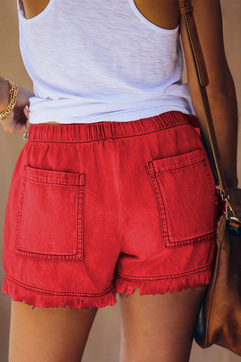 YOCUR Cute Jeans for Womens Trendy Tassel Short Jeans Casual Vintage Hot Pants Loose Aesthetic Elastic Waist Kawaii Denim Shorts Red M - Image 2